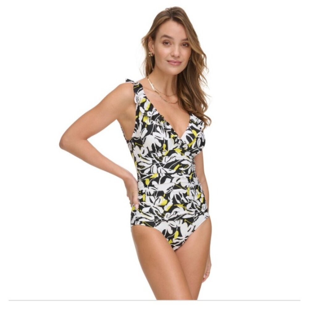 Dkny $80 Women's Ruffle Neck One-Piece Swimsuit Size M Black Multi
